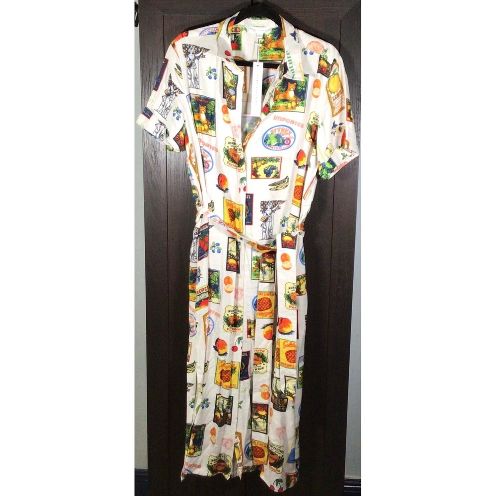 Jane + Delancey Vintage Fruit Crate Label Print Midi Shirt Dress XL NWT